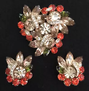 EISENBERG ICE Crystal Rhinestone BROOCH & CLIP EARRINGS Set ORANGE CLEAR GREEN - Picture 1 of 19