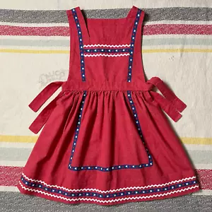 Vintage 70s Red Chambray Americana Pinafore Jumper Mini Apron Dress Girls Size L - Picture 1 of 7