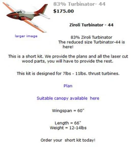 Ziroli Turbinator-44 Scaled down version for a 7Lb tubine, short kit and plans - Picture 1 of 2