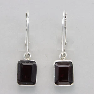 925 Sterling Silver Red Square Rectangle Garnet Leverback Drop / Dangle Earrings - Picture 1 of 8