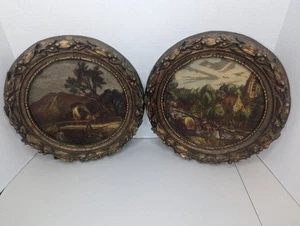 Vintage Artini Engraved 4 Dimensional Twin Etched Wall Art Plaque Pair 13" Dia. - Picture 1 of 12