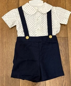 Vintage 1980s Jayne Copeland Boys 2T 3T Outfit Suspender Romper Shirt Set Navy - Picture 1 of 9