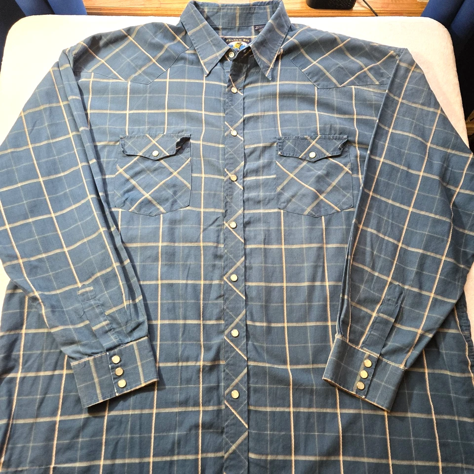 Falcon Bay Mens Blue Plaid Pearl Snap Western Shirt 3XLT Pockets Long Sleeve - Image 1 of 4