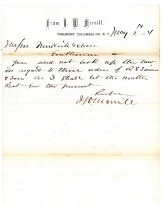 1867 Business Letter Signed J.W. Merrill, Philmont, Columbia County NY New York - Picture 1 of 2