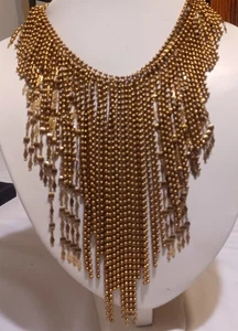 Vtg Gold-toned Baublebar Signed Gold Beaded Statement Fringe Necklace - Picture 1 of 7