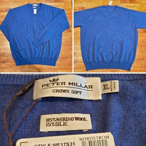 New! Peter Millar Crown Soft Merino Wool Silk Blend V-Neck Sweater Sz XL Blue - Picture 1 of 10