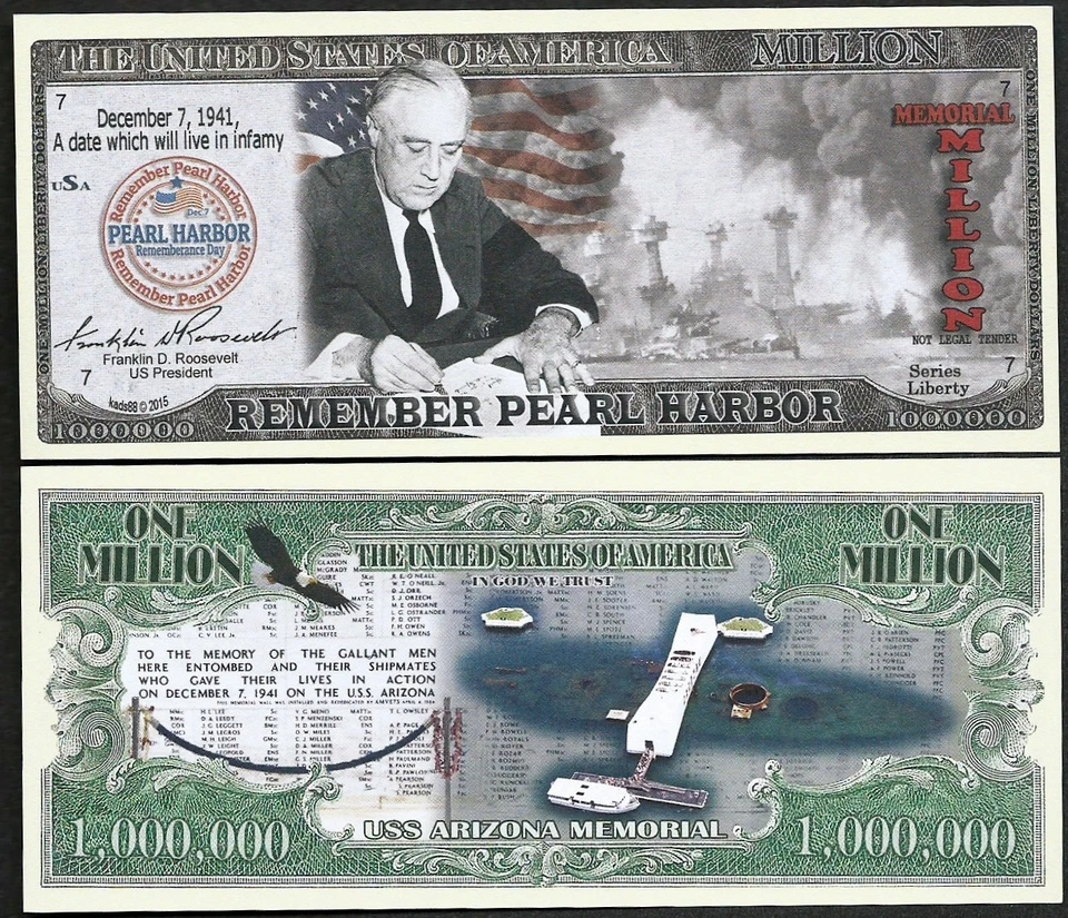 Lote de 500 billetes - Recuerda Pearl Harbor con FDR y USS Arizona Memorial Million Foto 1 de 1