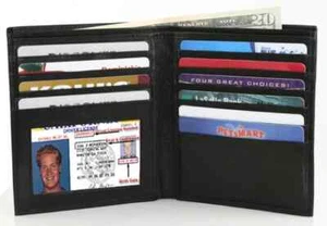 BLACK GENUINE LEATHER Mens Hipster Bifold Wallet 12 Slot Card Holder  - Picture 1 of 5