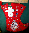 Applique bas feutre vintage paillettes cousues à la main & perles de verre bonhomme de neige arbre de Noël