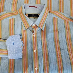 Camisa de vestir Bugatchi Uomo manga larga abotonada azul naranja a rayas talla XXL - Imagen 1 de 4