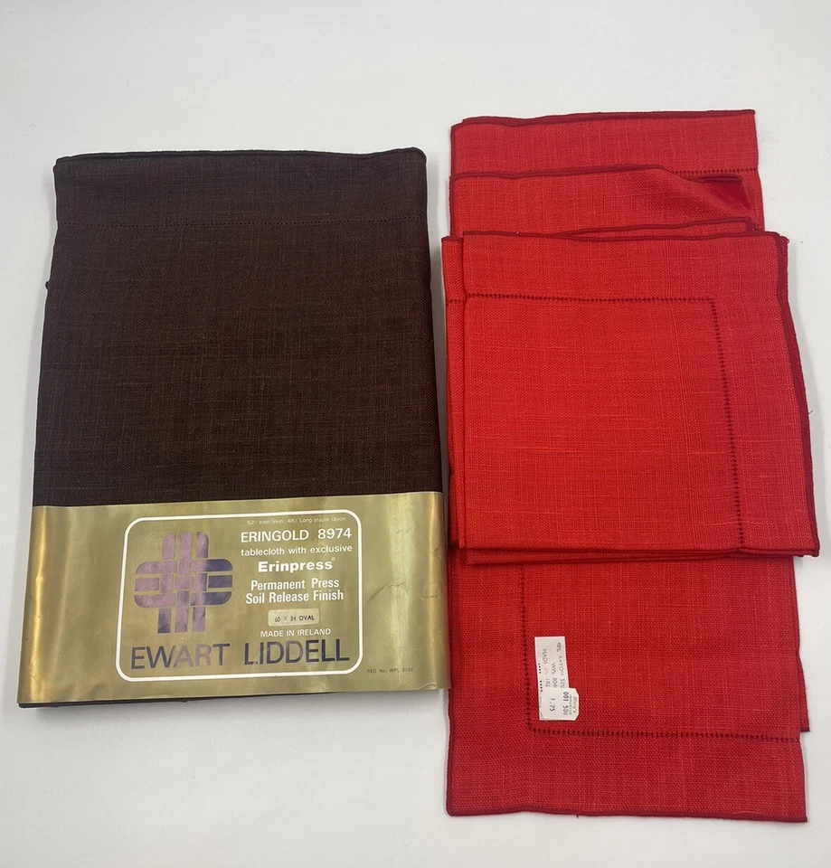 Vintage Linen Blend Table Cloth Brown 60”x84” Oval w/ Red Napkins Embroidered - Image 1 of 4