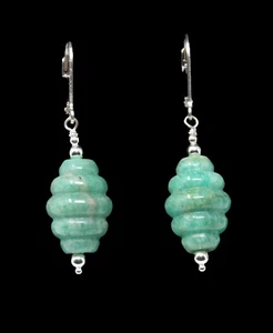 .925 Sterling Silver & Natural Peruvian Amazonite "Beehive" Leverback Earrings. - Picture 1 of 4