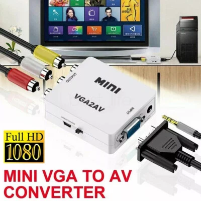 1080P HD Mini Video Converter VGA to AV 3.5mm Audio VGA to RCA TV PC Computer US - Image 1 of 4