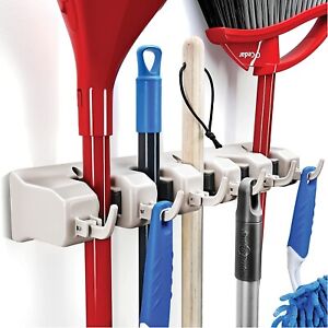 Wall Mount Mop and Broom Holder, 5 position with 6 hooks garage storage