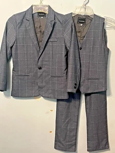 Boys Luobo Bei Bei Gray Blue Windowpane Plaid 3 Piece Suit European 150 US 11/12 - Picture 1 of 19