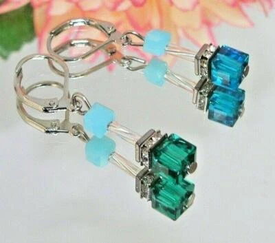 Ohrhänger Ohrringe Ohrstecker Kristall Glas petrol blau grün türkis Strass 058a - Bild 1 von 4