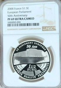 2008 FRANCE SILVER 1.5 EURO EUROPEAN PARLIAMENT ANNIV NGC PF 69 ULTRA CAMEO TOP - Picture 1 of 4