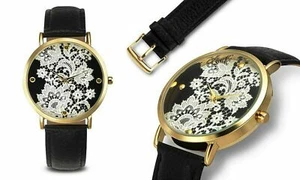 NEW Rousseau 9912 Women's Lace Collection Gold IP Case Black Leather Strap Watch - Picture 1 of 1