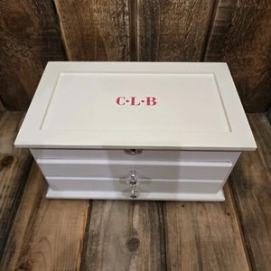 POTTERY BARN TEEN CHLOE JEWELRY BOX WHITE WOOD / NATURAL LINEN ~ MONOGRAMMED* - Picture 1 of 13