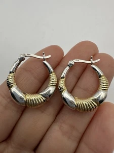 Vintage Two Tone Sterling Silver 925 Unique Hoop Earrings - Picture 1 of 5
