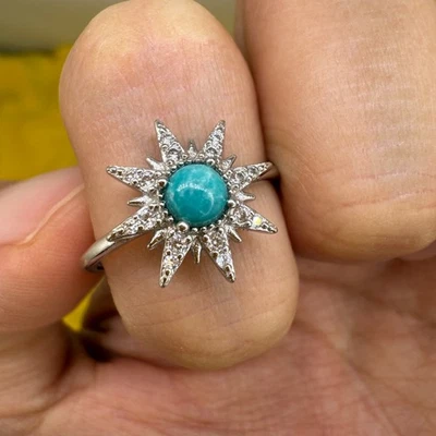 925 Sterling Silver Ring 4mm Natural Turquoise Gemstone Zircon Anniversary Gift - Image 1 of 4