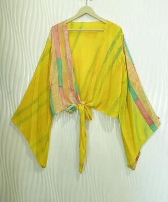Silk Wrap Top Tie Blouse Boho Crop Tops Dress Girl Woman Clothing Yellow PSW1743 - Image 1 of 4