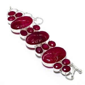 Red Simulated Gemstone Handmade 925 Sterling Silver Bracelet 7-8" - Picture 1 of 5