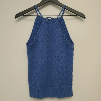 RALPH LAUREN Blue Crochet Cable Knit Halter Tank Top - Size Small - 100% Cotton - Image 1 of 4