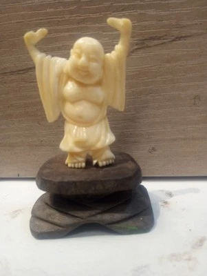 2.5 Inches Antique Vintage Japanese Buddha On Dark Wooden Stand - Image 1 of 4