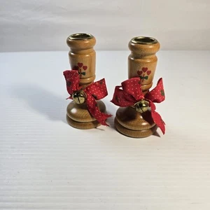 Vintage Wood Christmas Candle Holders 4 1/2" - Picture 1 of 5