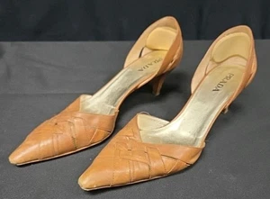 PRADA Walnut Brown Woven Leather Pointed Toe d'Orsay Wood Heel Pumps 39.5 - Picture 1 of 7