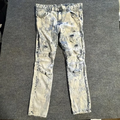 Pantalones de mezclilla ajustados Smoke Rise desgastados 40x32 azul cintura elástica doble rodilla Foto 1 de 4