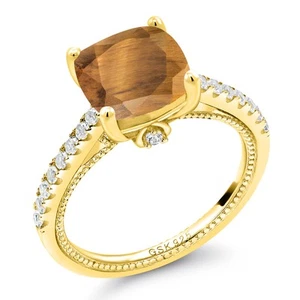 3.77 Ct Brown Tiger Eye White Created Sapphire 18K Yellow Gold Plated Silver - Picture 1 of 6
