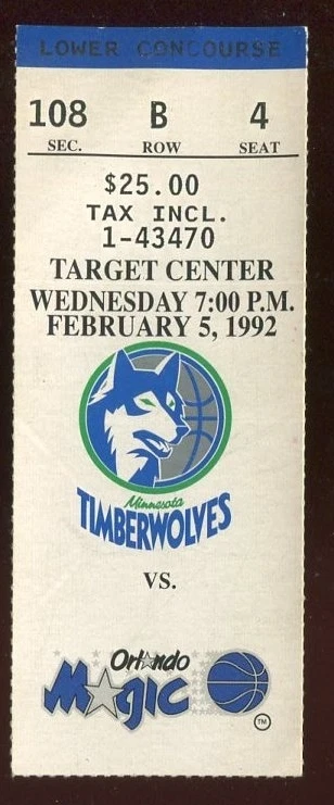 Ticket Basketball Minnesota Timberwolves 1991 - 92 2/5 Orlando Magic - Image 1 of 1