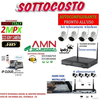 CCD SONY KIT WIRELESS VIDEOSORVEGLIANZA AHD DVR 4 TELECAMERE INFRAROSSI HARD DISK 2000GB