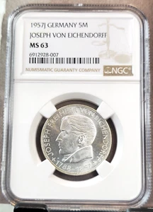 1957 GERMANY SILVER 5 MARK JOSEPH VON EICHENFORFF NGC MS 63 EXTREMELY RARE - Picture 1 of 3