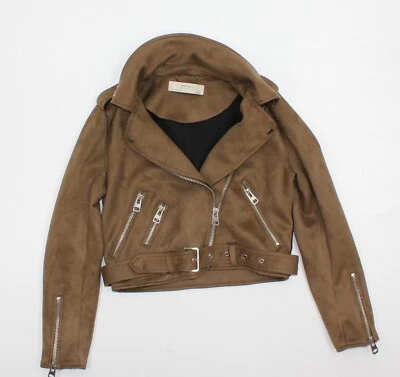 Chaqueta de motociclista básica de gamuza sintética marrón recortada en muy buena condición talla pequeña de Zara para dama  Foto 1 de 4