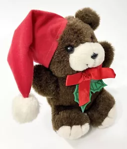 "Peluche de peluche marrón Dan Dee vintage con sombrero de papá Noel y arco de muérdago - 8""" - Imagen 1 de 7