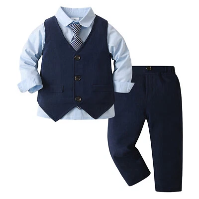 Set completo bambino ragazzo gentleman smoking gilet completo con maniche lunghe camicia pantaloni tuta - Immagine 1 di 4