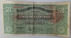 ANTIQUE YEAR 1914 MEXICAN CHIHUAHUA BANK NOTE, 50 CENTS - Picture 1 of 3