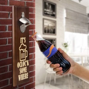 Fun "Beer Here" "Cheers"  O’clock Somewhere Wood Bottle Opener Wall Mounted - Picture 1 of 9