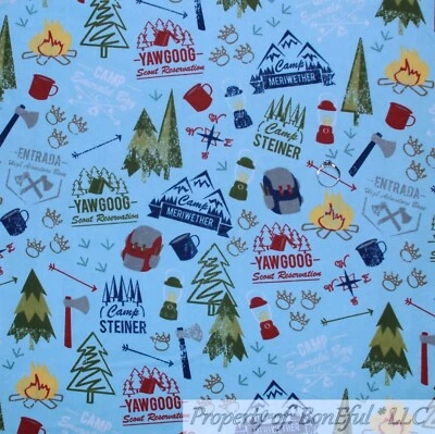 BonEful Fabric FQ Cotton Quilt Flannel Blue Camp Fire Forest Tree Scenic Tent US - Image 1 of 4