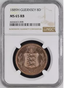 GUERNSEY 8 Doubles 1889-H, NGC MS 65 RB Gem UNC / BU, Toned Luster, Rare.  S3 - Picture 1 of 2