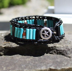 Men's 3/4" wide Turquoise and Blackstone Beaded Black Leather Cuff Bracelet