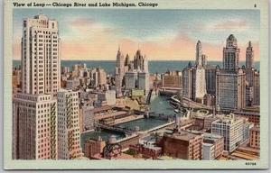 c1947 Downtown Blick auf Loop Chicago River & Lake Michigan Chicago Leinen Postkarte - Bild 1 von 2