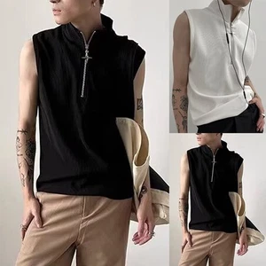 Men's Y2K Streetwear Zipper Tank Top Vintage Sleeveless Vest with Stand Neck - Picture 1 of 18