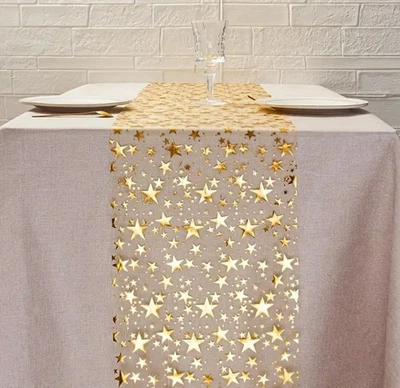 TIME TO SPARKLE 28x500 cm Golden Foil Star Table Runner for Christmas & Birthday Decoration