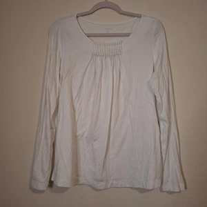 Lands End Size Large Long Sleeve T Shirt Ivory Jersey Knit Pleated Neckline - Picture 1 of 8
