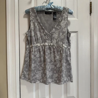 NWT Axcess Babydoll floral Y2K Milkmaid Peasant sleeveless Top small Gray Fairy - Image 1 of 4