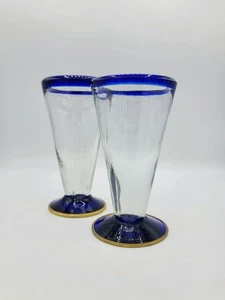 Hand Blown Mexican Pilsner Glasses Set of 2 Blue Rim Bubble Beer Rustic Barware - Picture 1 of 12
